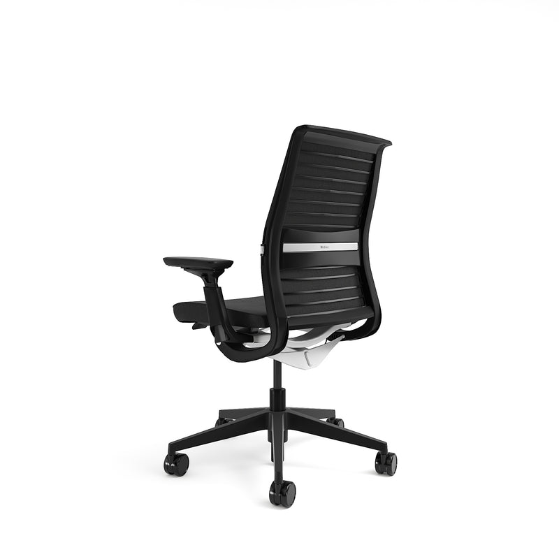 Upholstered black leather back and seat; Black Frame