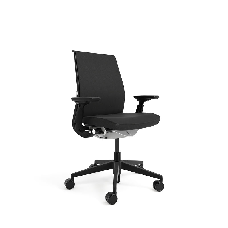 Upholstered black leather back and seat; Black Frame